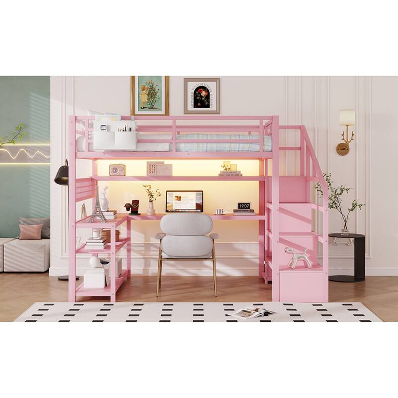 Roomfitters Full Metal Loft Bed, L-Shaped Desk and LED Staircase Wardrobe with Charging Station for Girls Bedroom