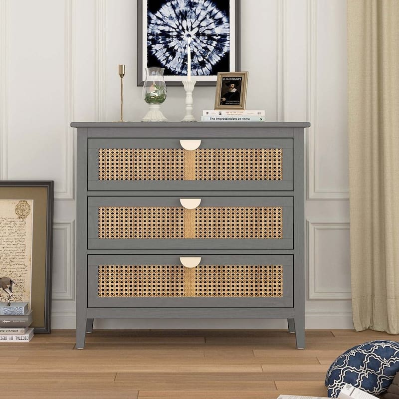 Modern Natural Rattan Nightstands With 2/3 Drawers - Grey - 3-drawer