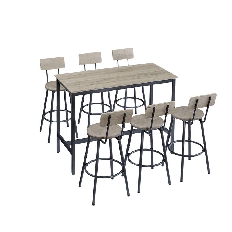 7-Piece Bar Dining Table and Chair Set, Industrial Design with 6 PU Upholstered Stools