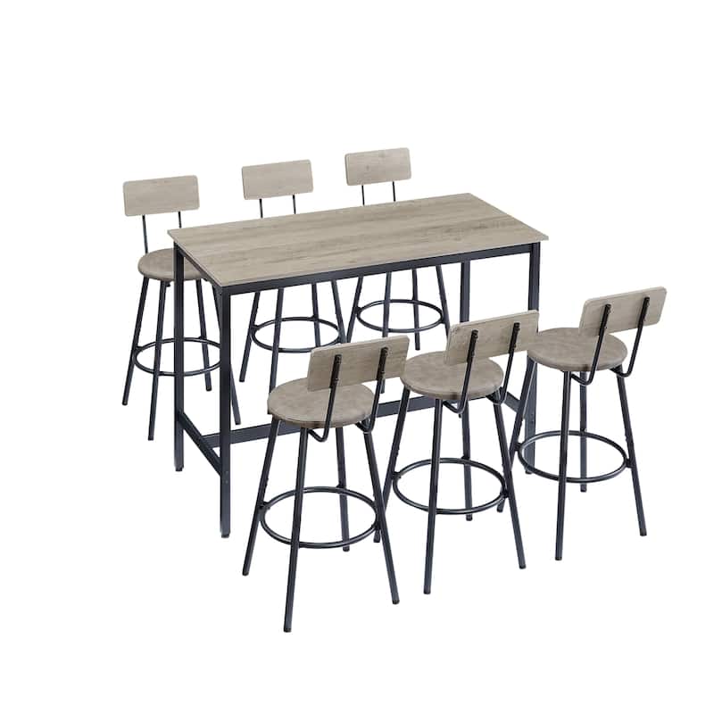 Bar Table and Chairs Set for 6, Dining Table 7 Piece Set, Pub Counter Height Table w/6 PU Leather Bar Chairs for Breakfast Nook