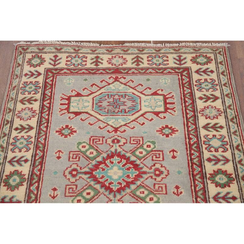 Hand Knotted Oriental 100% Wool Carpet Traditional Geometric Greys & Charcoal Kazak Area Rug - 6' 0'' X 2' 9''