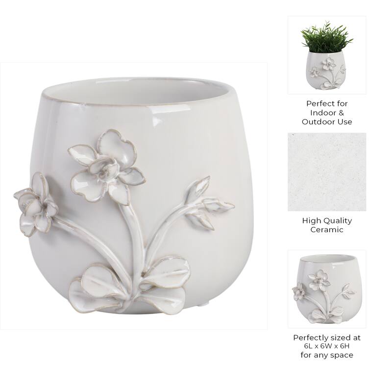 Decorative Ceramic Flower Planter with Flower Applique - Ivory
