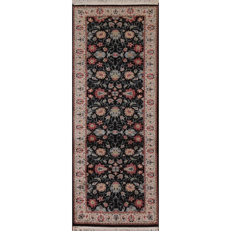 Hand Knotted Oriental 100% Wool Carpet Traditional Floral Black Kashan Runner Rug - 7' 8'' X 2' 6''