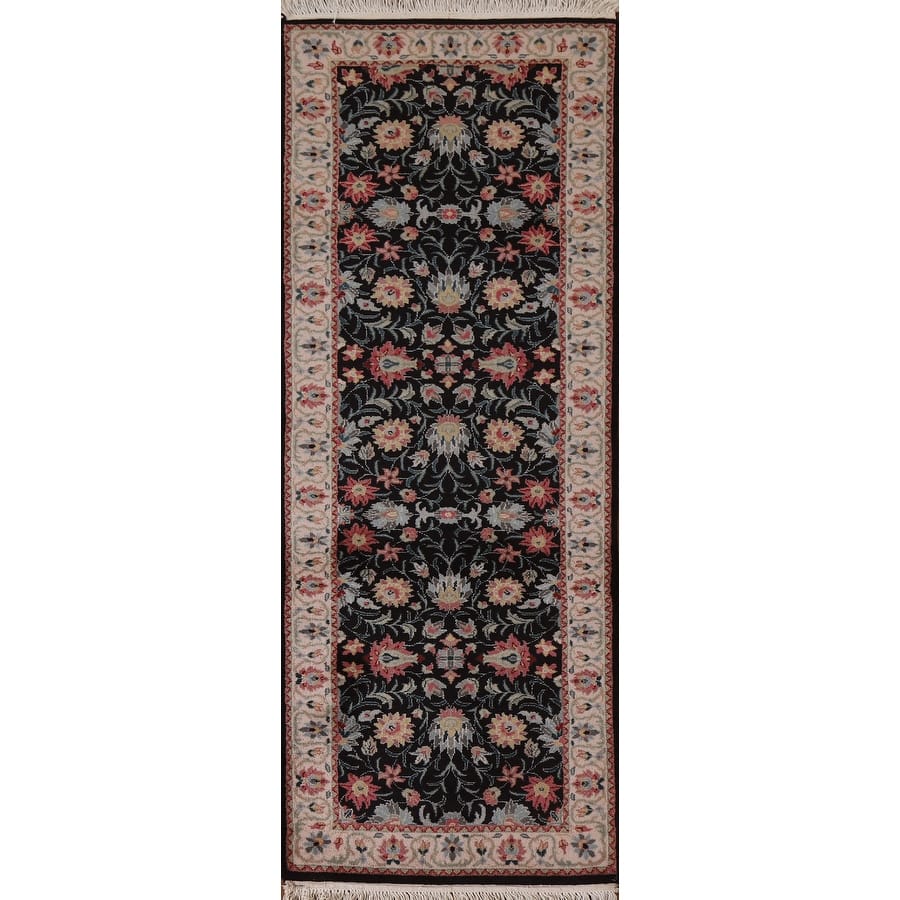 Hand Knotted Oriental 100% Wool Carpet Traditional Floral Black Kashan Runner Rug - 7' 8'' X 2' 6''