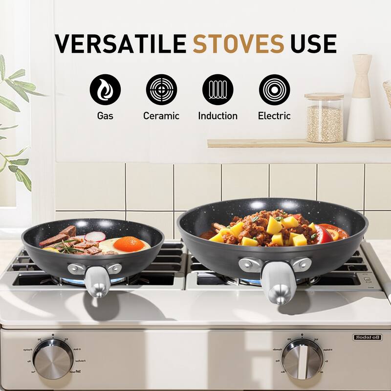 2/3-Piece Black Hard Anodized Non-Stick Fry Pan Set, Safe and Wear-Resistant Ceramic Coating with Stainless Steel Handle