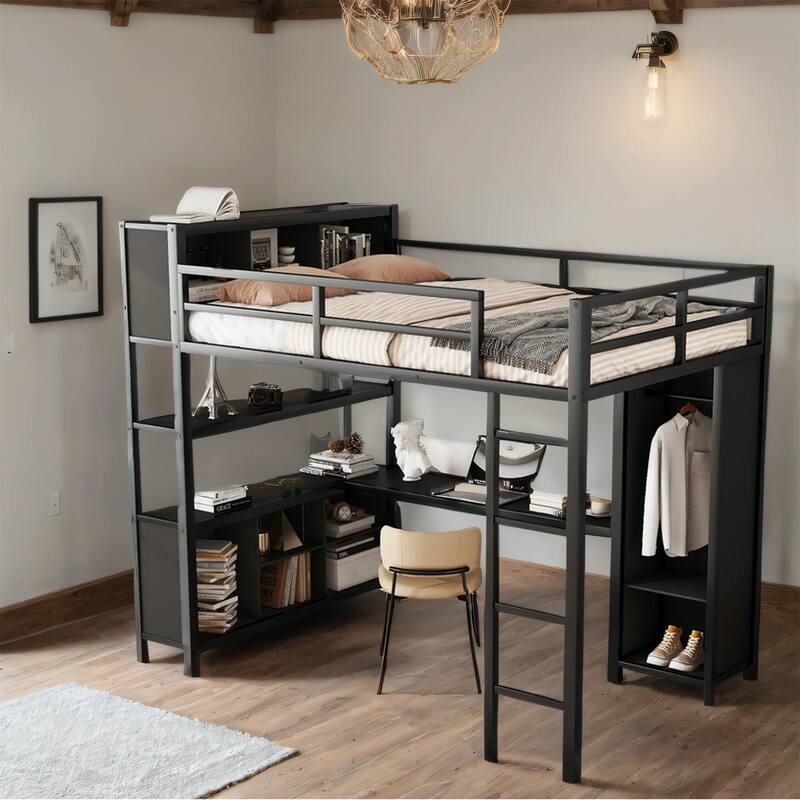 Full Size Metal Loft Bed with Wardrobe and L-shaped Desk and Shelves