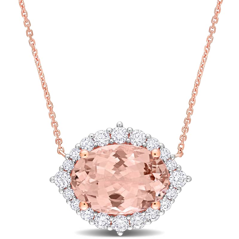 Miadora 4 7/8ct TGW Oval-Cut Morganite and 4/5ct TDW Diamond Halo Necklace in 14k Rose Gold