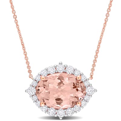 Miadora 4 7/8ct TGW Oval-Cut Morganite and 4/5ct TDW Diamond Halo Necklace in 14k Rose Gold