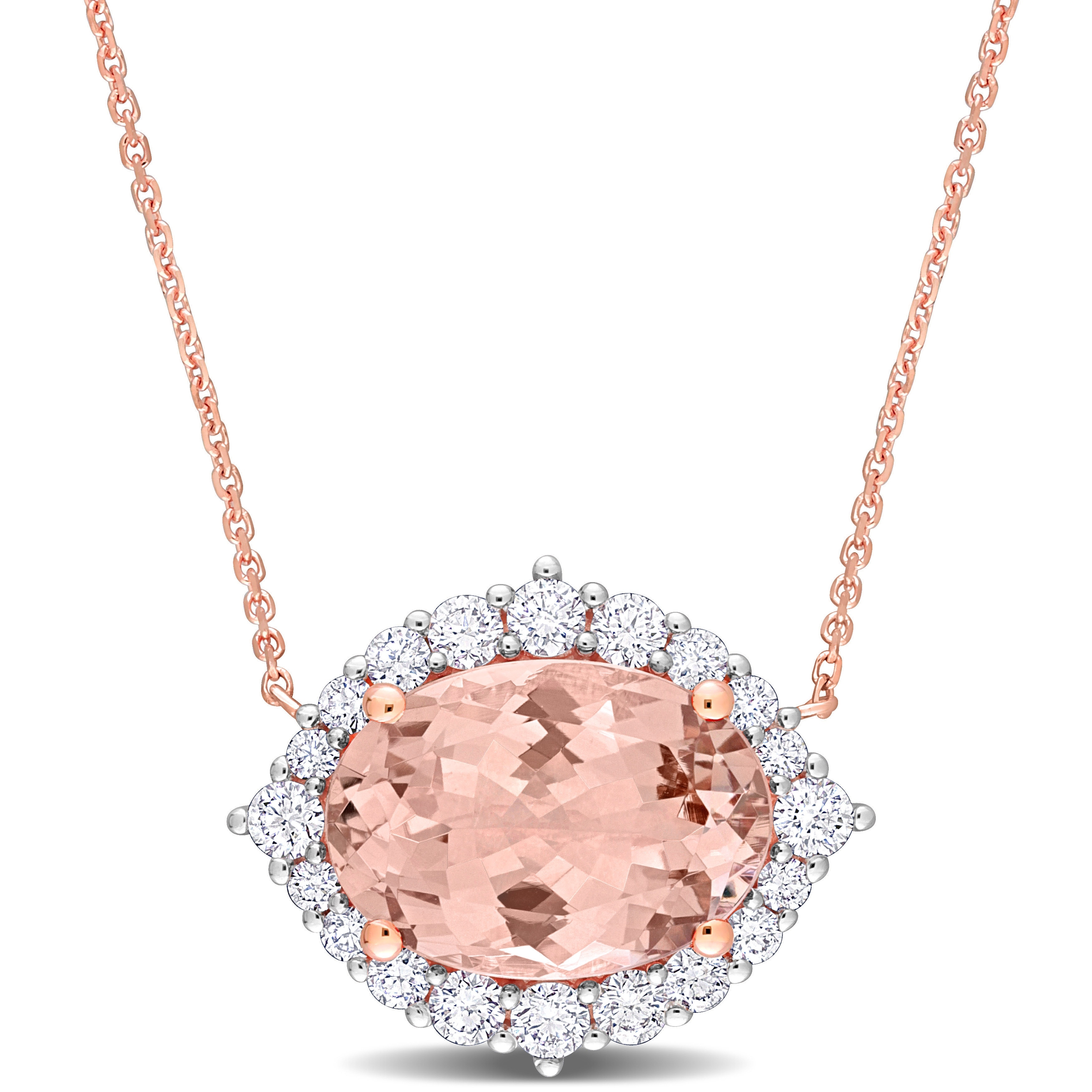 Miadora 4 7/8ct TGW Oval-Cut Morganite and 4/5ct TDW Diamond Halo Necklace in 14k Rose Gold