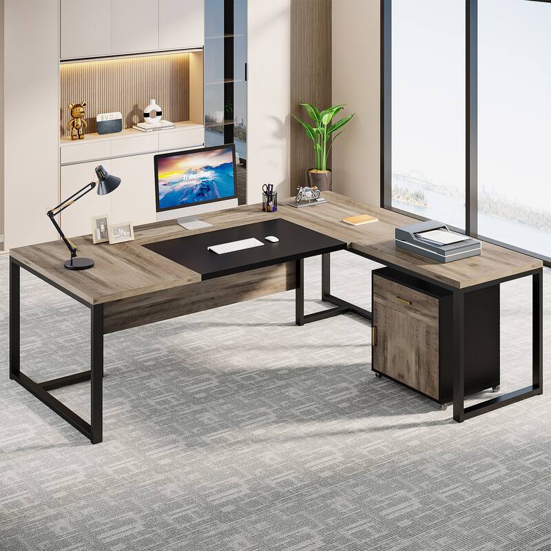 70.8’’ Executive Desk with File Cabinet, Large L-Shaped Office Executive Desk Computer Desk - Grey+Black