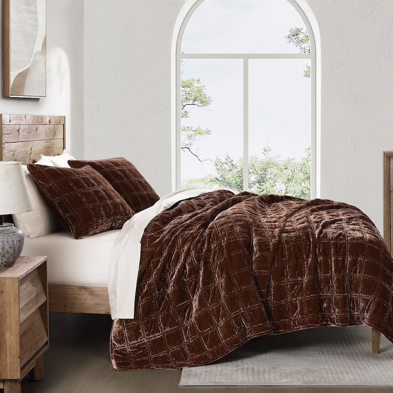 HiEnd Accents Stella Faux Silk Velvet Double Box Stitch Modern Rustic 3 Piece Quilt Set - Copper Brown - King
