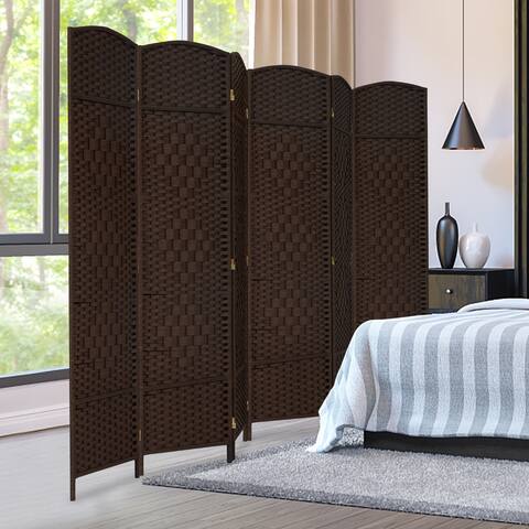 Oriental Furniture 6-Panel Room Divider, Folding Privacy Screens w/ Diamond Double-Weave, Vintage Brown - 6 Panels