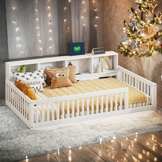 Kids Wood Semi-enclosed fence Floor Bed with Storage Cabinets and USB Ports