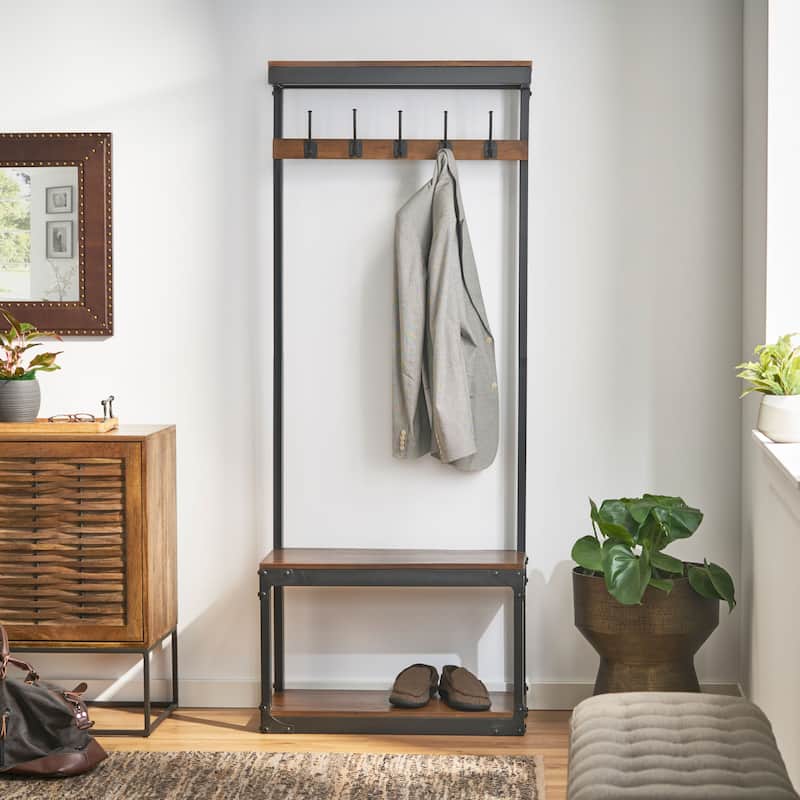 Roomfitters Industrial Hall Tree with Bench, Coat Rack with Hooks and Storage Shelf, Entryway Organizer Stand, Coffee - Brown