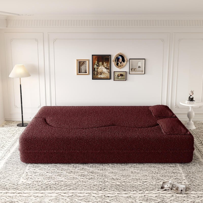 Modern Floor Sofa Bed, Teddy Fabric, 2 Pillows, 15" Fold Mattress