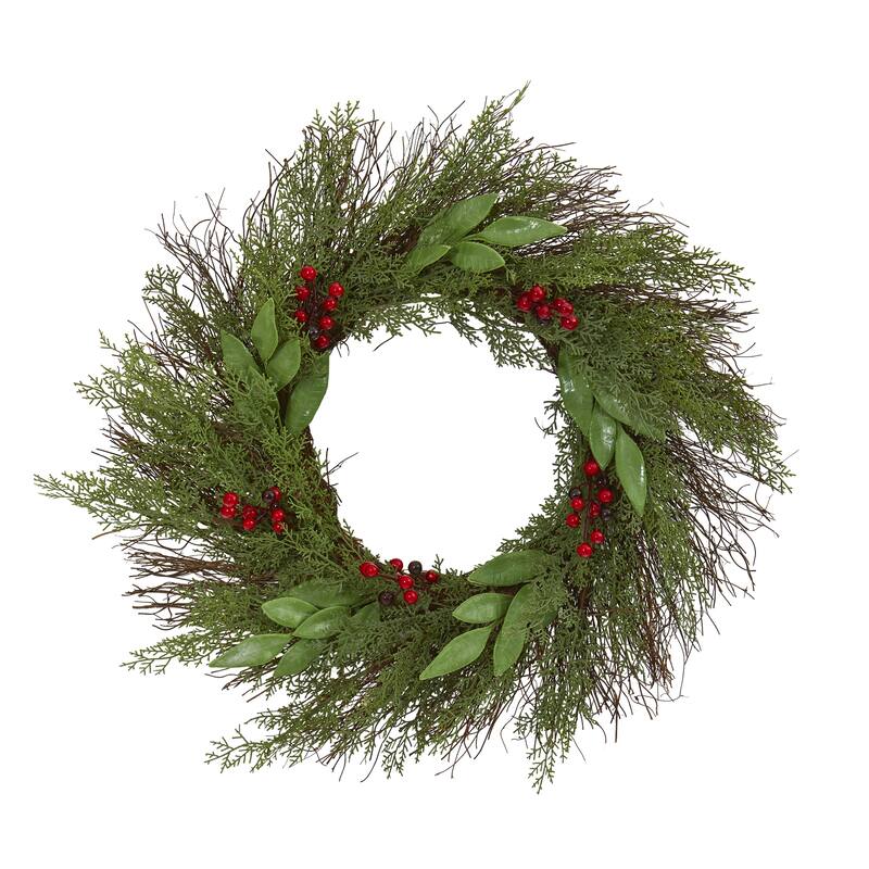 Green Red Artificial Cedar Ruscus with Berries Christmas Wreath, 20"