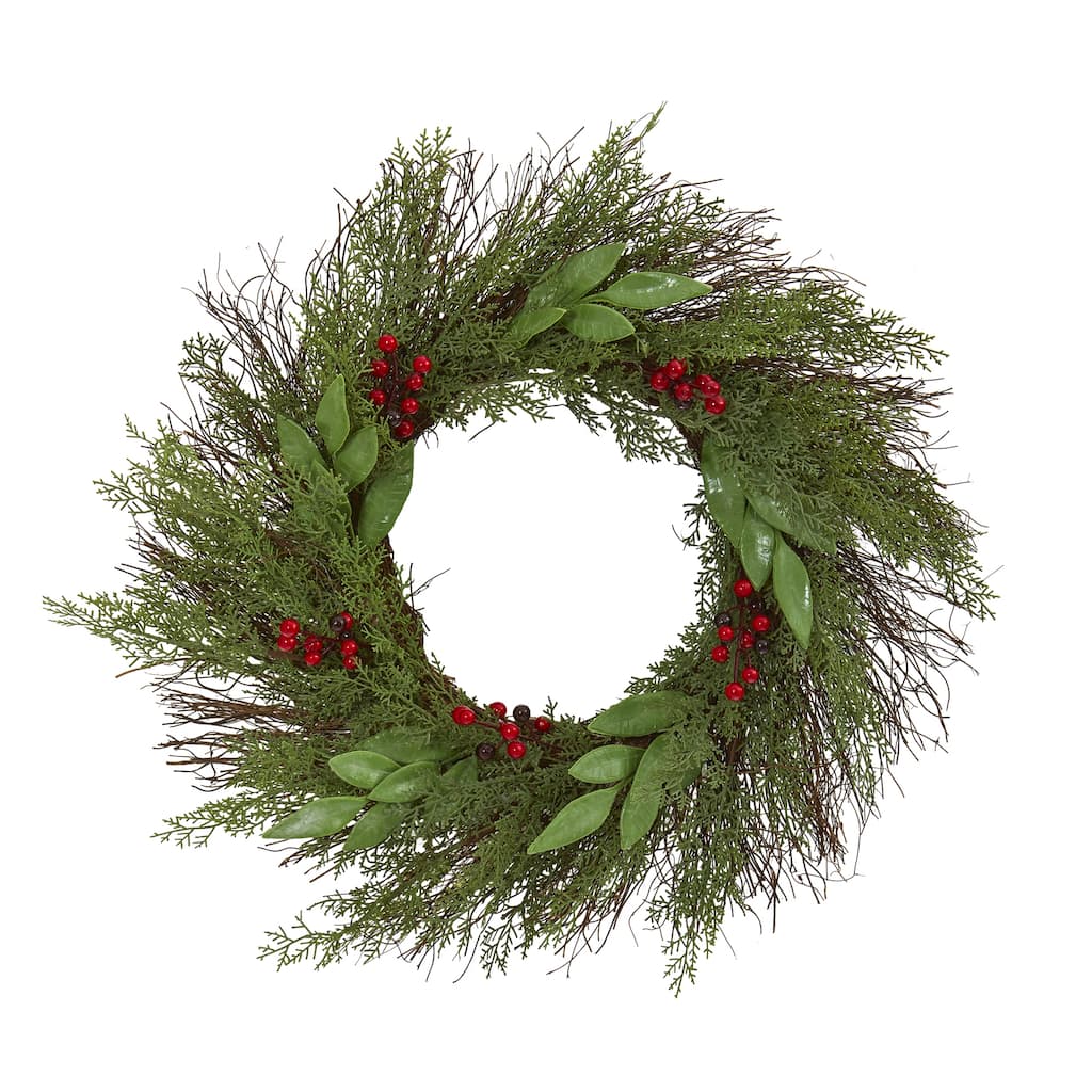 Green Red Artificial Cedar Ruscus with Berries Christmas Wreath, 20"