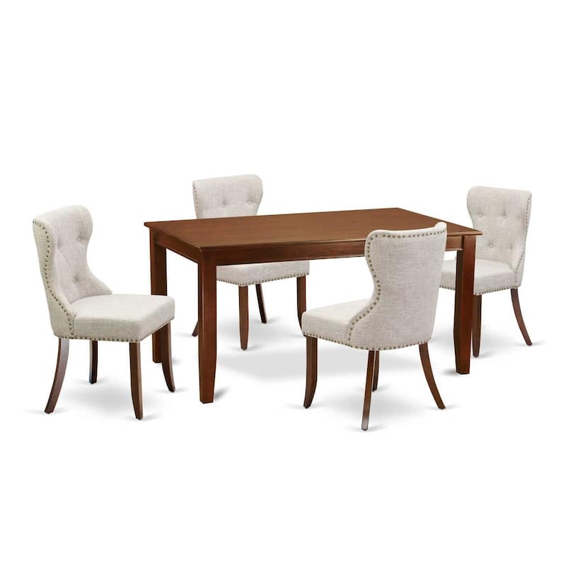 Dining Room Set for 4 - Linen Fabric Parsons Chairs & Mahogany Table - Modern Kitchen Furniture