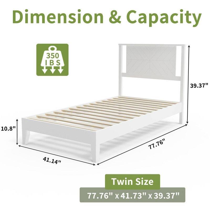 Twin Size Deluxe Bed Frame with Headboard with Solid Wood, No Box Spring Needed, Easy Assembly, White