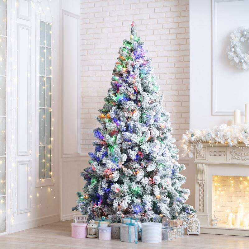 VEIKOUS 6.5FT/7.5FT Pre-lit Christmas Tree Snow Flocked/Artificial with Lights and Metal Stand