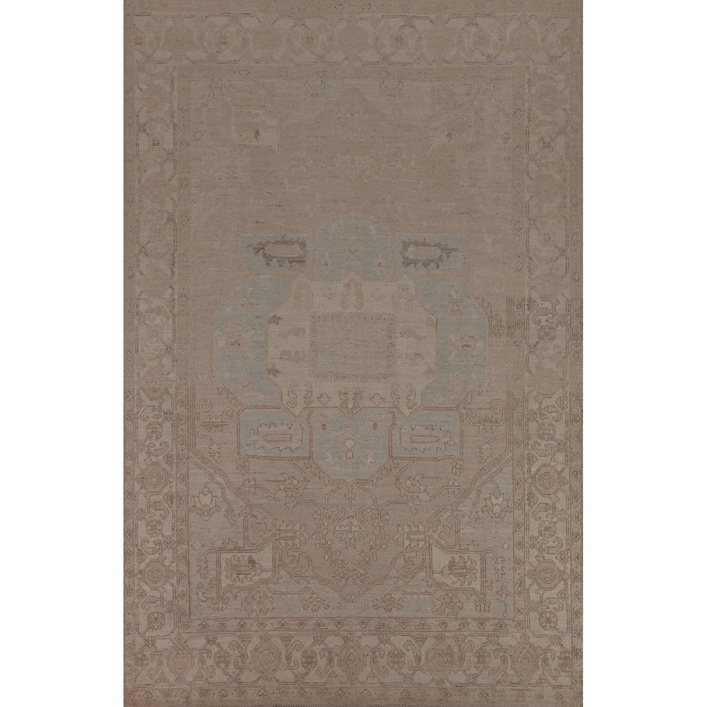 Vegetable Dye Geometric Oushak Area Rug Hand-Knotted Wool Carpet - 6'1"x 8'11"