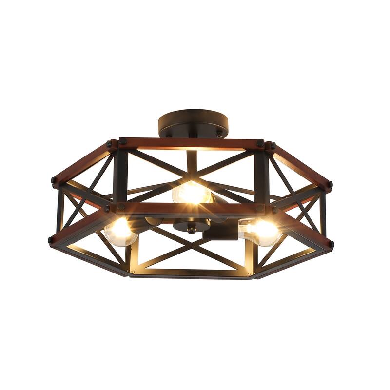 3 - Light Semi Flush Mount Ceiling Light, 18.31in W, Industrial Black Metal and Wood Design - Matte Black