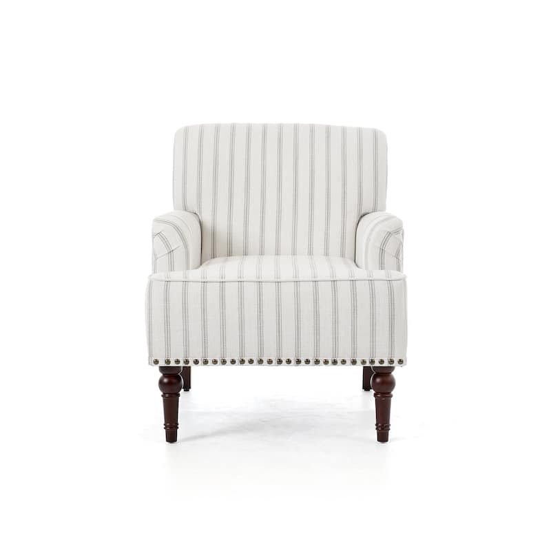 Striped Upholstered Linen Armchair with Brass Nailhead Trim