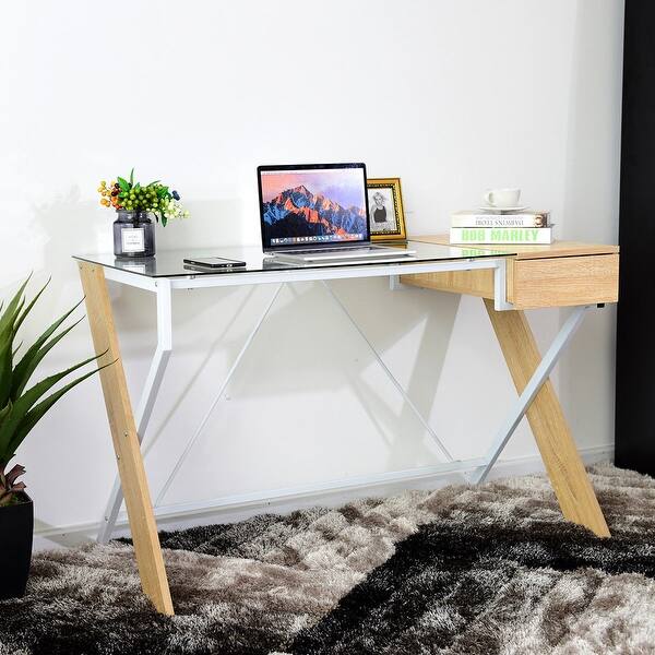 Shop Costway Clear Glass Top Computer Desk Wood Metal Frame With