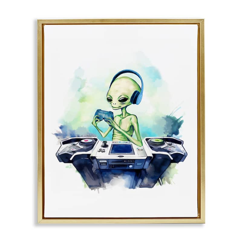 Stupell Tech Alien Playing Video Games Framed Floater Canvas Wall Art Design By Lil' Rue - 17 x 21 - Gold
