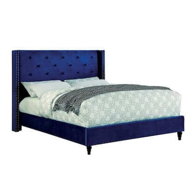 Tufted Fabric Upholstered Wingback California King Bed, Navy Blue