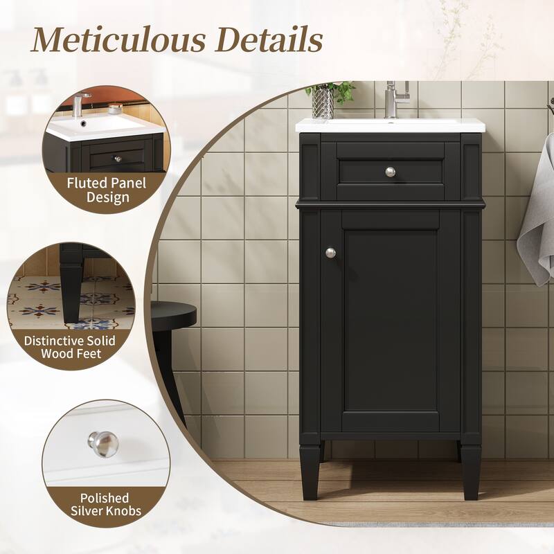 16" Bathroom Vanity with Ceramic Sink, Freestanding Single Vanity Set with Soft Closing Door, Adjustable Shelf, French Style