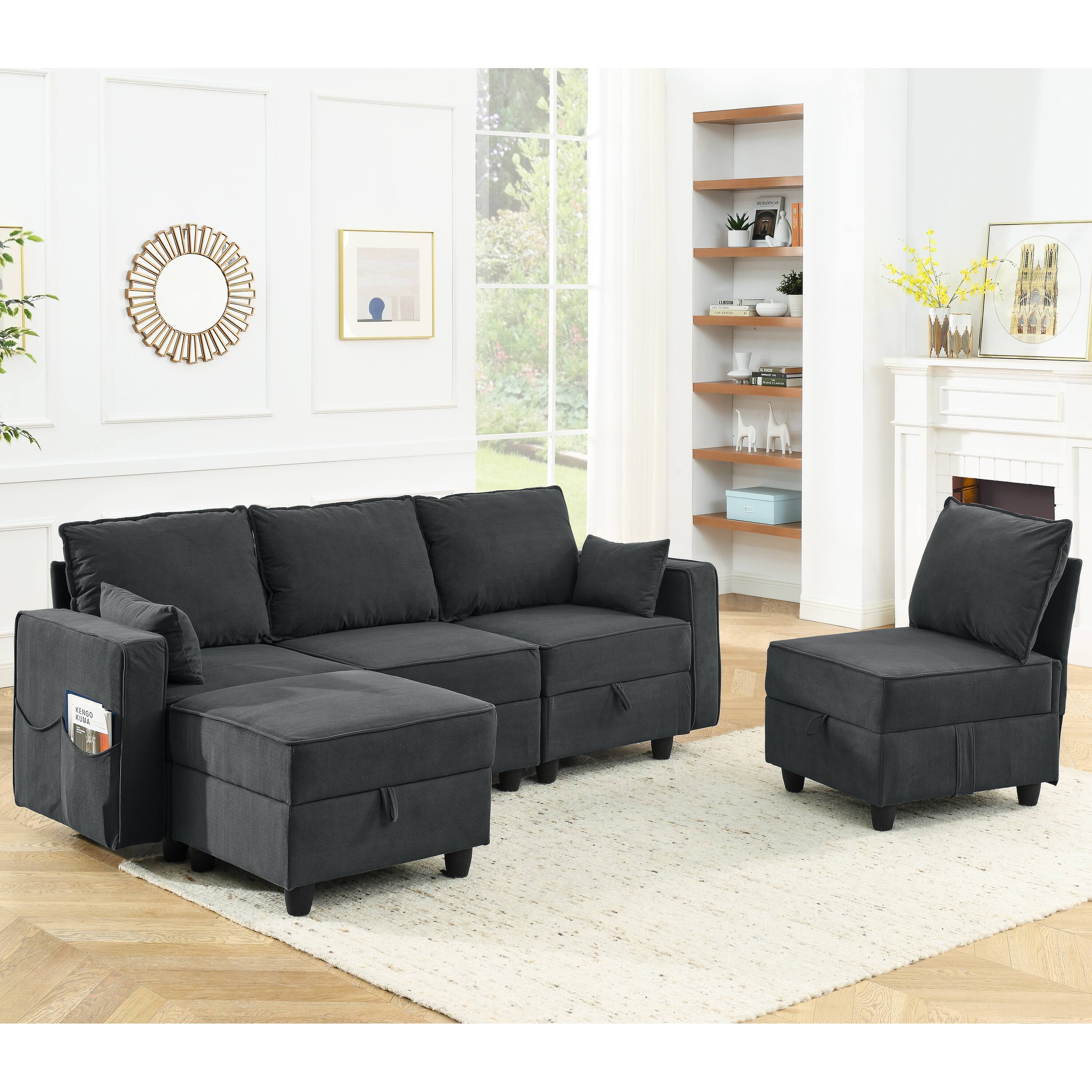 Dark Gray 5Seat Storage Sectional Sofa Set for Living Room, Corduroy