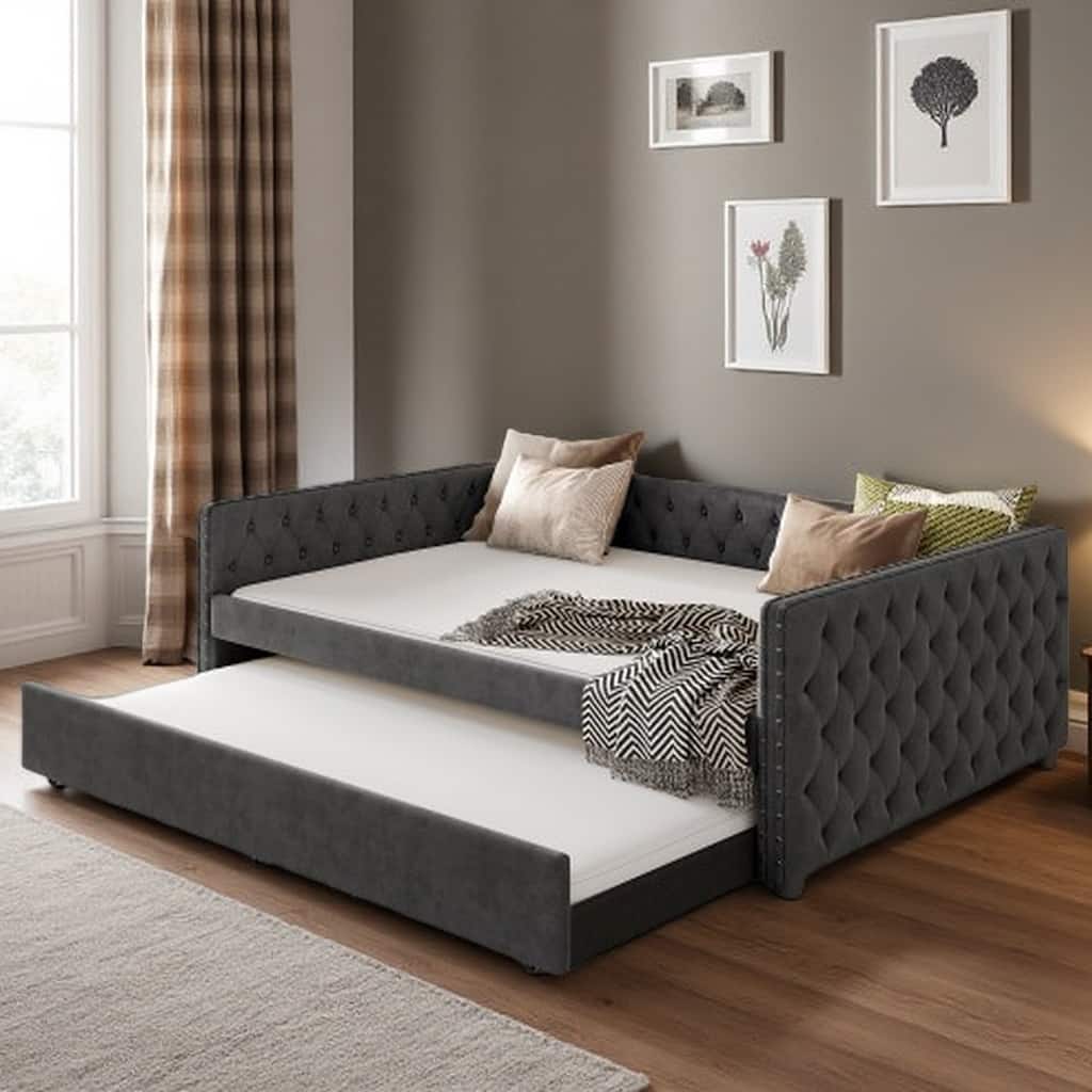 Full Size Upholstered Daybed with Trundle, Tufted Sofa Bed with Rivet-Trimmed Arms and Button Detail