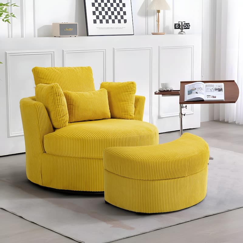 Modern Corduroy Swivel Chair with Ottoman