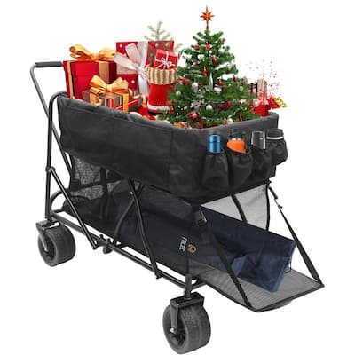 Collapsible Wagon, Wagon, Folding Wagon Heavy-Duty with Double Decker, All-Terrain Wheels, Tailgate, and 450lb Capacity