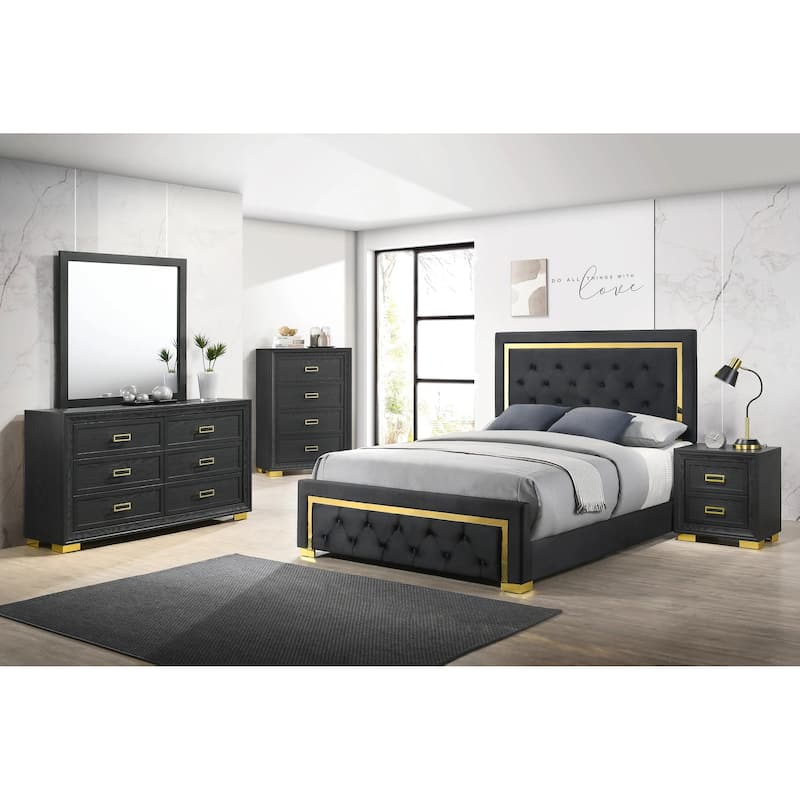 2-Drawer Nightstand Black Gold Finish Gold-colored Hardware Bedroom Furniture