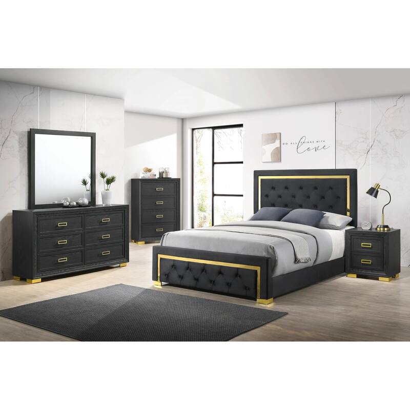 Glamorous Black Gold 2-Drawer Nightstand w/ Gold Hardware for Bedroom