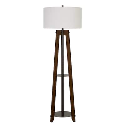 150 Watt Wood and Metal Frame Floor Lamp with Fabric Shade, White and Brown