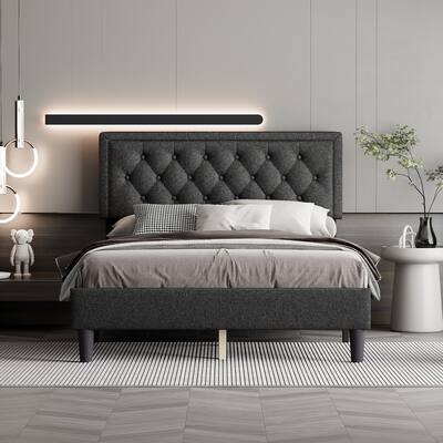 Full Size Platform Bed with Adjustable Button-Tufted Headboard