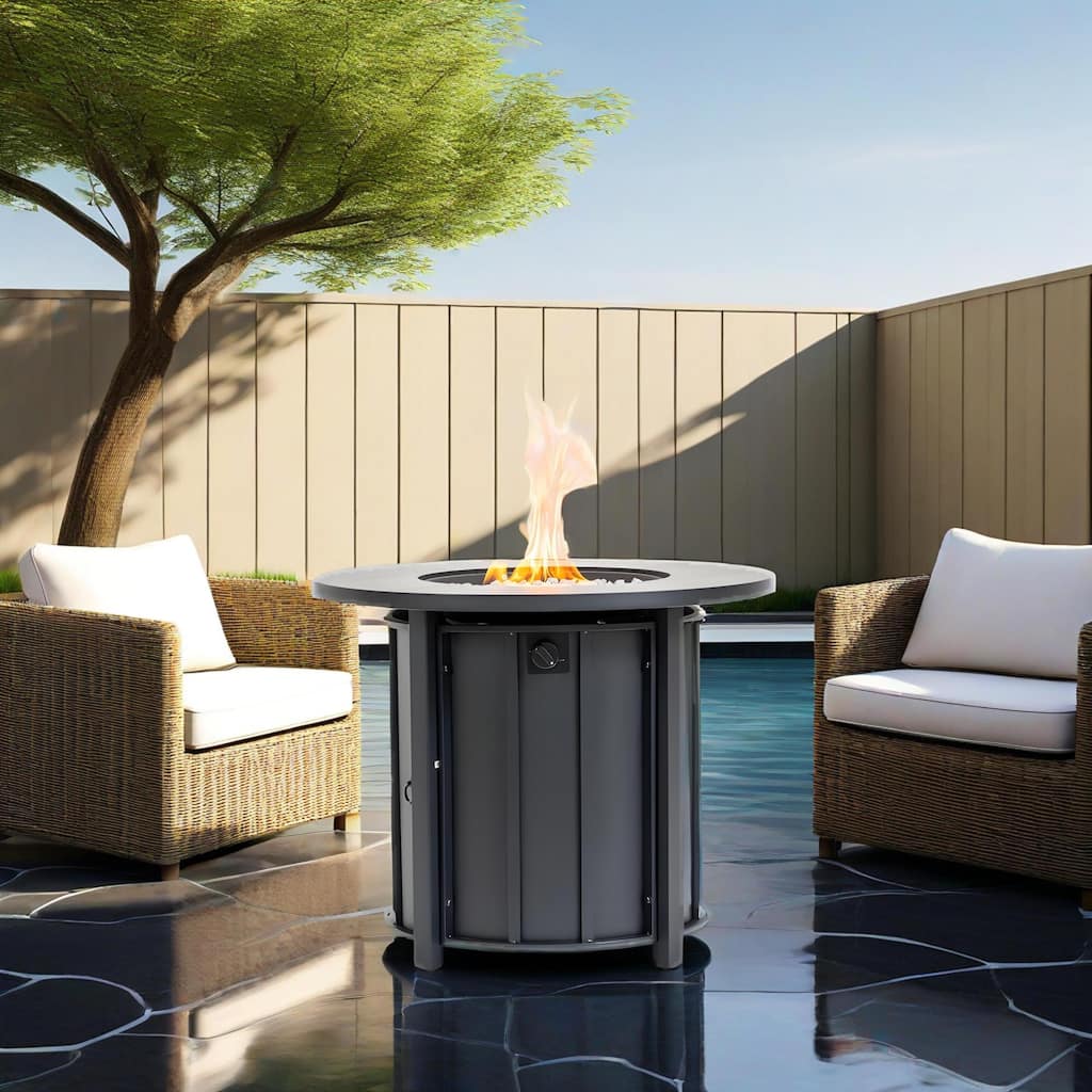 Anmytek 30" Propane Round Outdoor Fire Pit Table - Steel with Wood Grain Ceramic Top