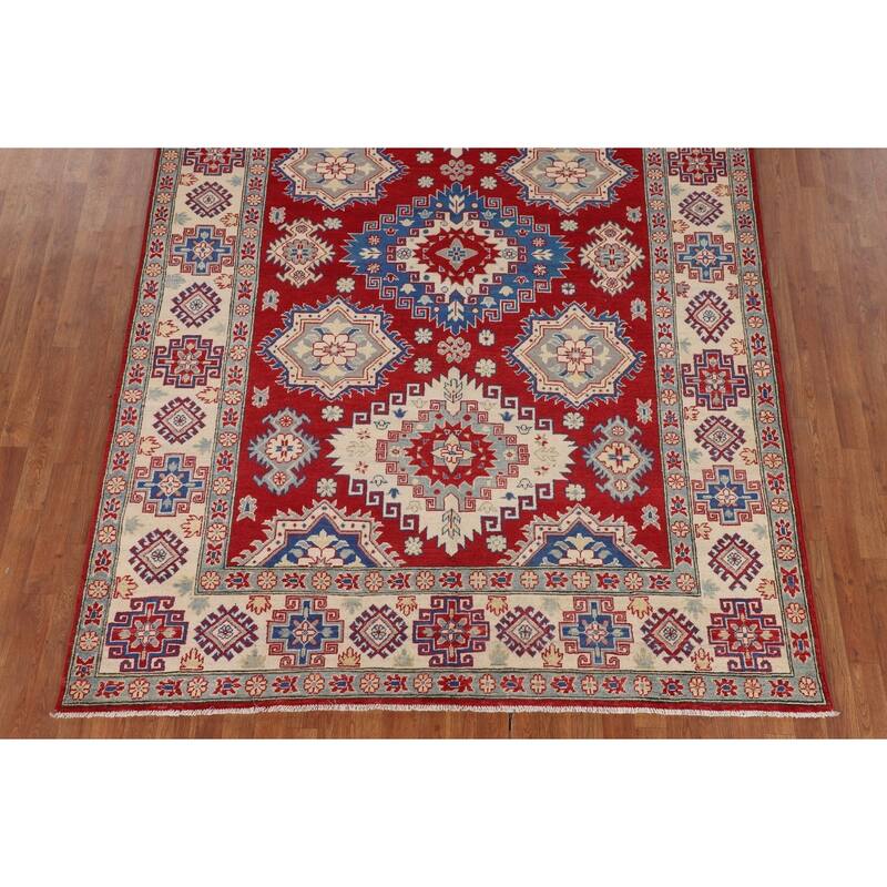 Red Geometric Kazak Rug Hand-Knotted Living Room Wool Carpet - 6'9" x 9'6"