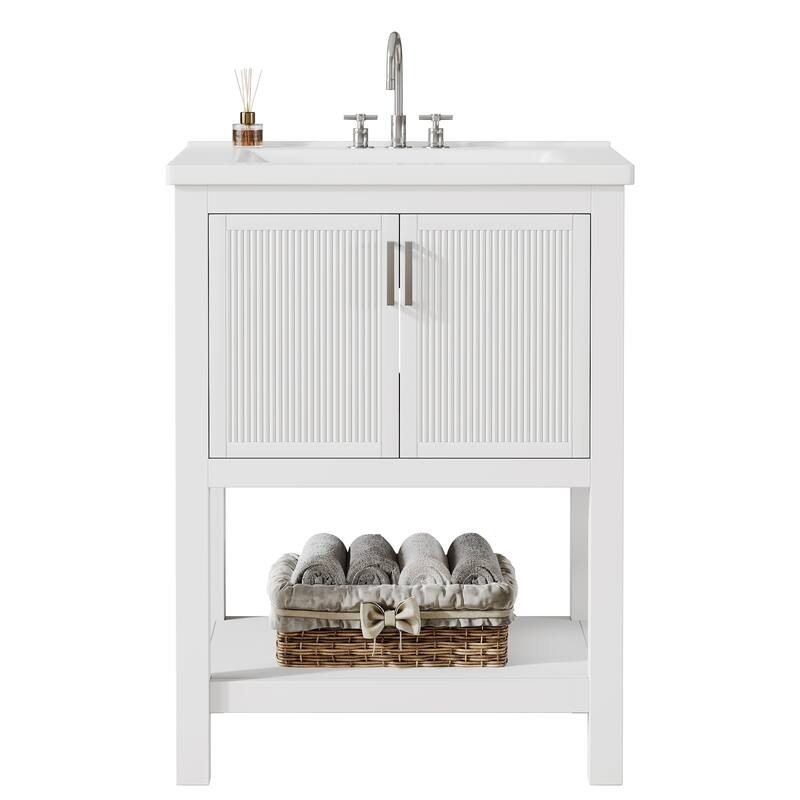 24" Single Bathroom Vanity with Ceramic Sink, Solid Rubberwood Frame & Open Storage Shelf