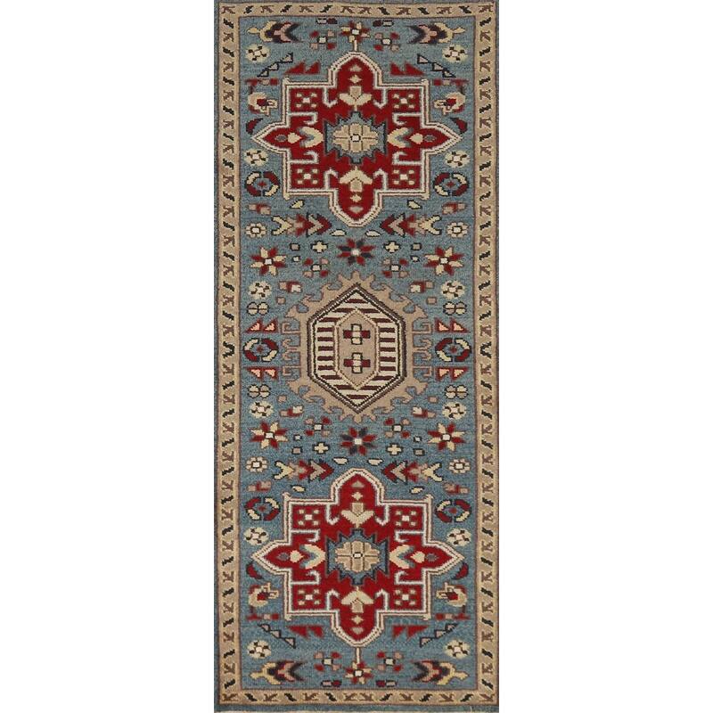 Light Blue Heriz Serapi Indian Runner Rug Hand-Knotted Wool Carpet - 2'7" x 7'11"
