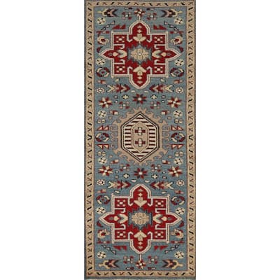 Light Blue Heriz Serapi Indian Runner Rug Hand-Knotted Wool Carpet - 2'7" x 7'11"