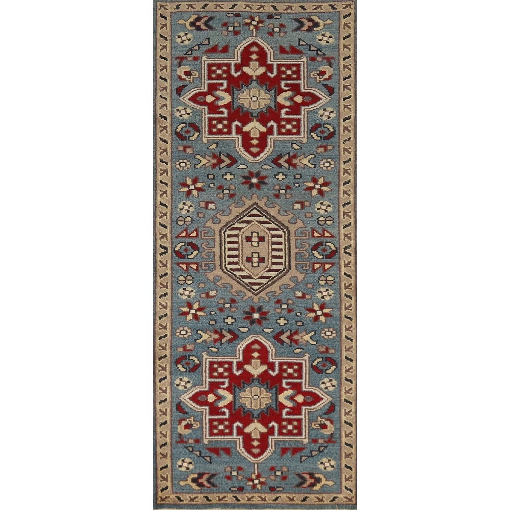 Light Blue Heriz Serapi Indian Runner Rug Hand-Knotted Wool Carpet - 2'7" x 7'11"