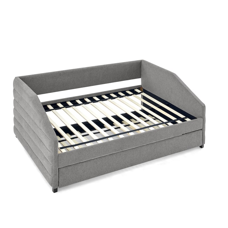 Linen Fabric Upholstered Daybed with Pull-Out Trundle or Storage Drawers, Tufted Sofa Bed Frame with Wood Slat Support
