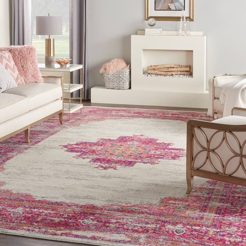 Porch & Den Dobbin Vintage Persian Medallion Farmhouse Area Rug - 12' x 18' - Ivory/Pink