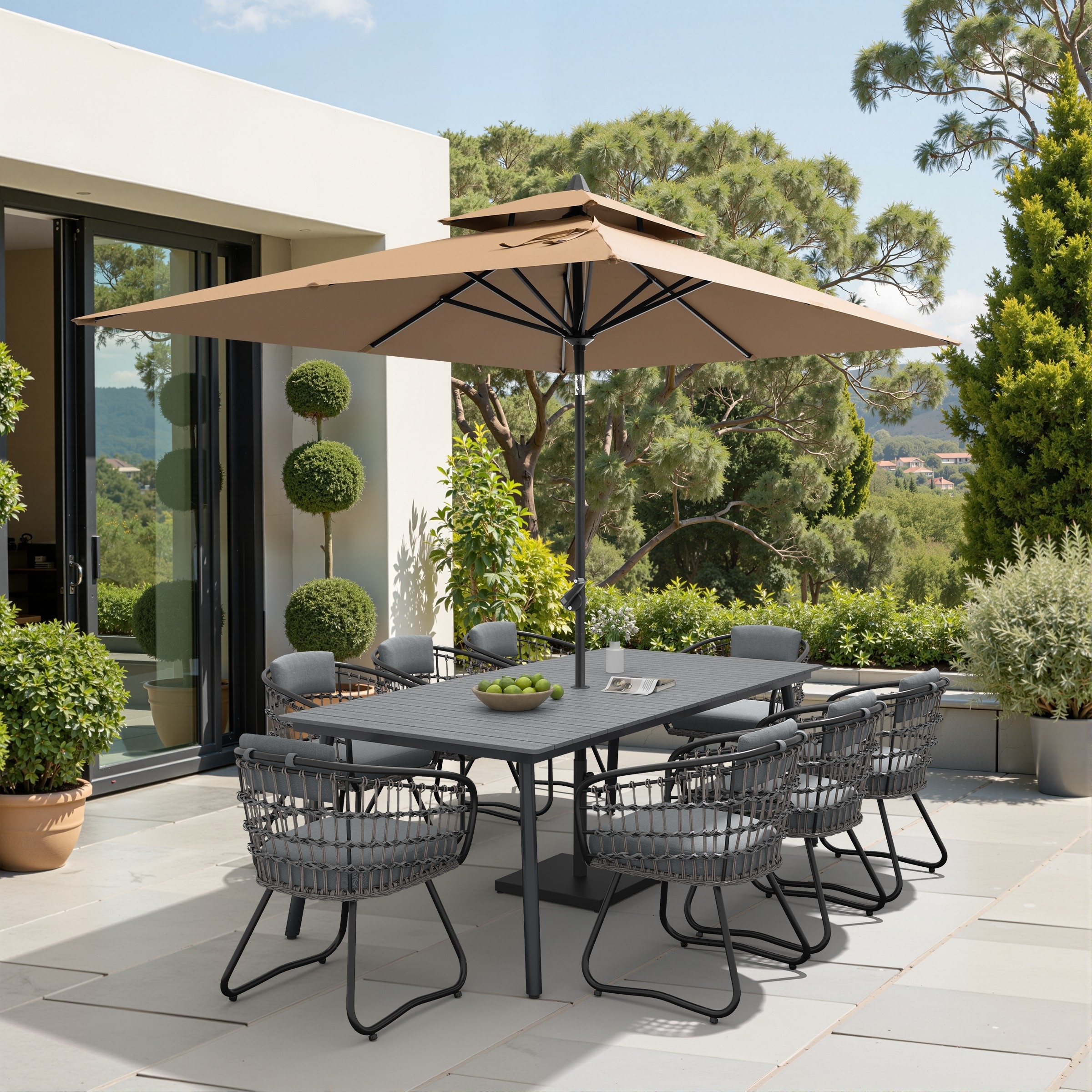 9/11-piece Outdoor Dining Set w/ Umbrella and Base Aluminum Dining Table and PE Rattan Wicker Chairs