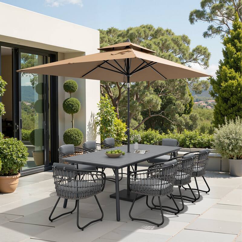 9/11-piece Outdoor Dining Set w/ Umbrella and Base Aluminum Dining Table and PE Rattan Wicker Chairs - Set of 11 - 82.48 inches long grey table
