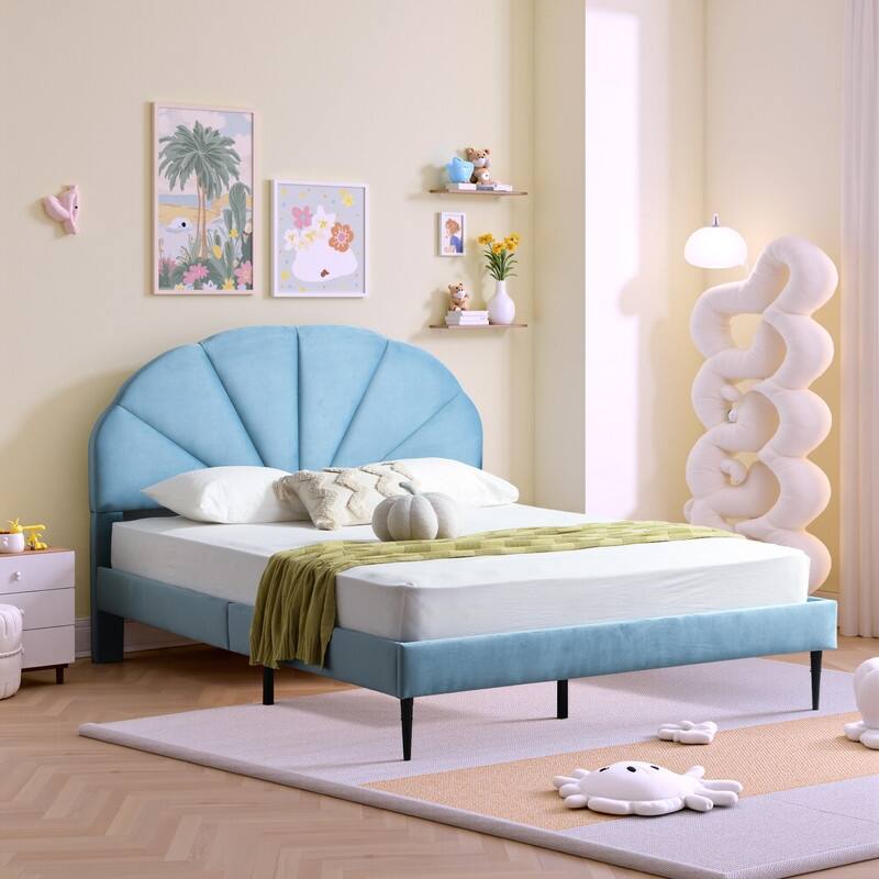 Upholstered Bed with Unique Seashell Headboard